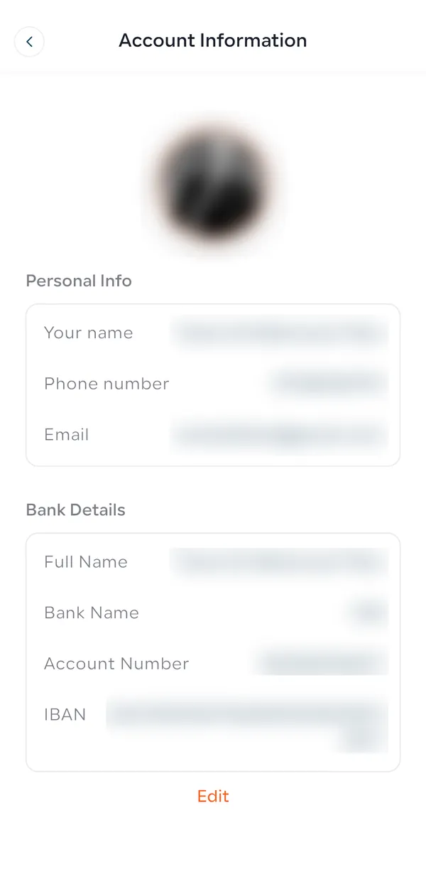 Amtaar Account Information screen with Personal Info and Bank Details sections and an Edit button