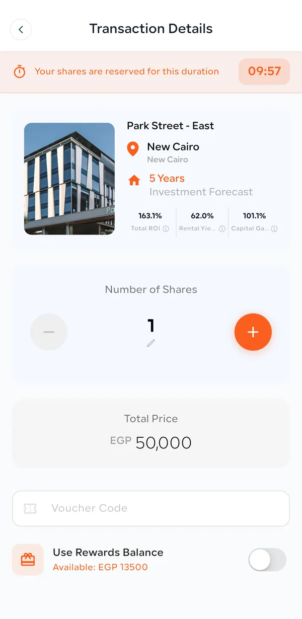Amtaar checkout screen with the 10-minute reservation timer, number of shares, total price, voucher code and Use Rewards Balance toggle