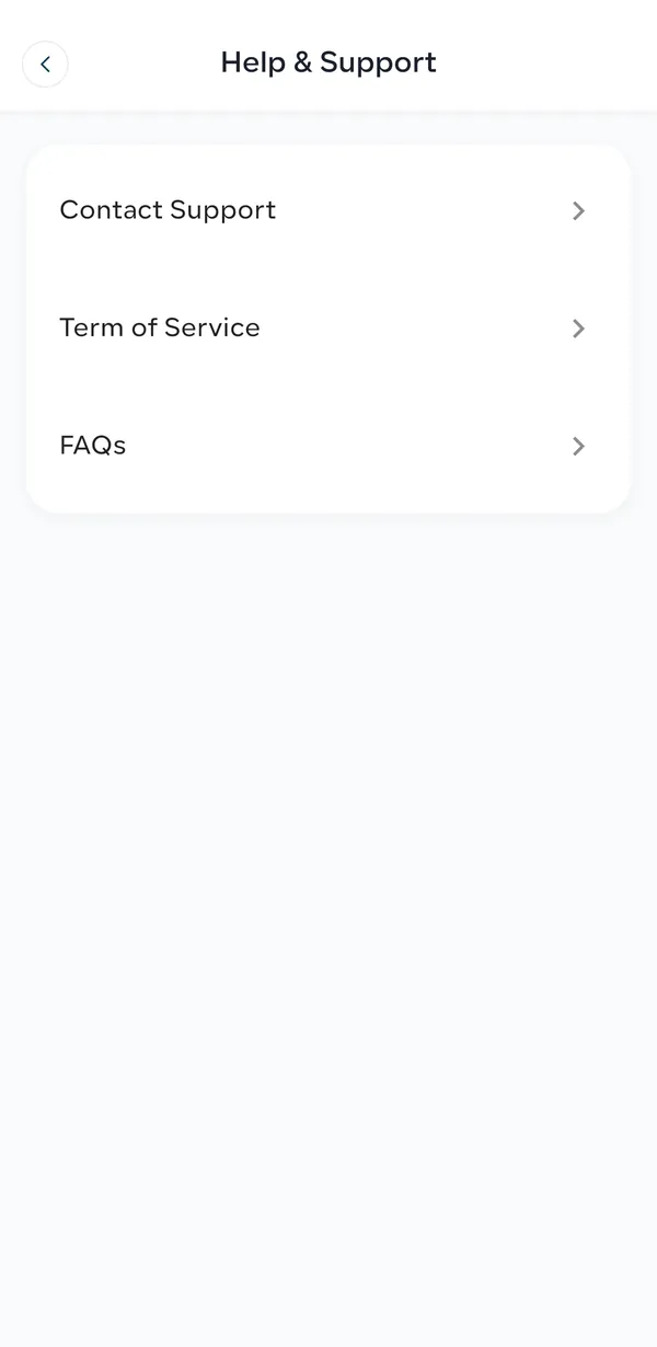 Amtaar Help and Support screen with Contact Support, Terms of Service and FAQs