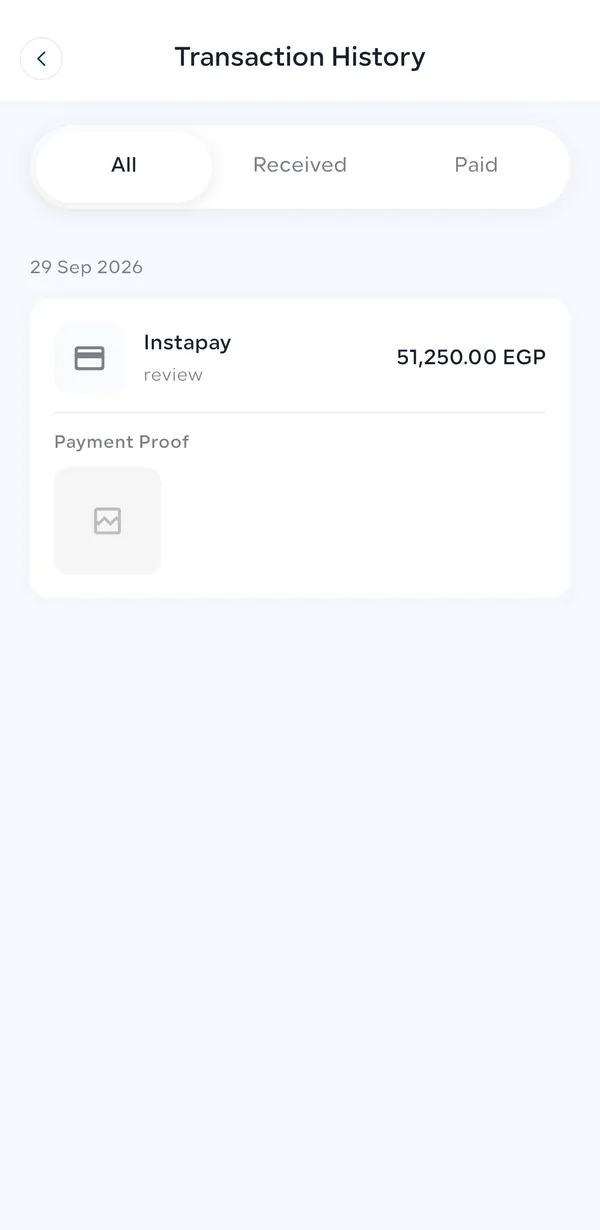 Amtaar Transaction History screen with All, Received and Paid tabs showing an Instapay payment with its proof