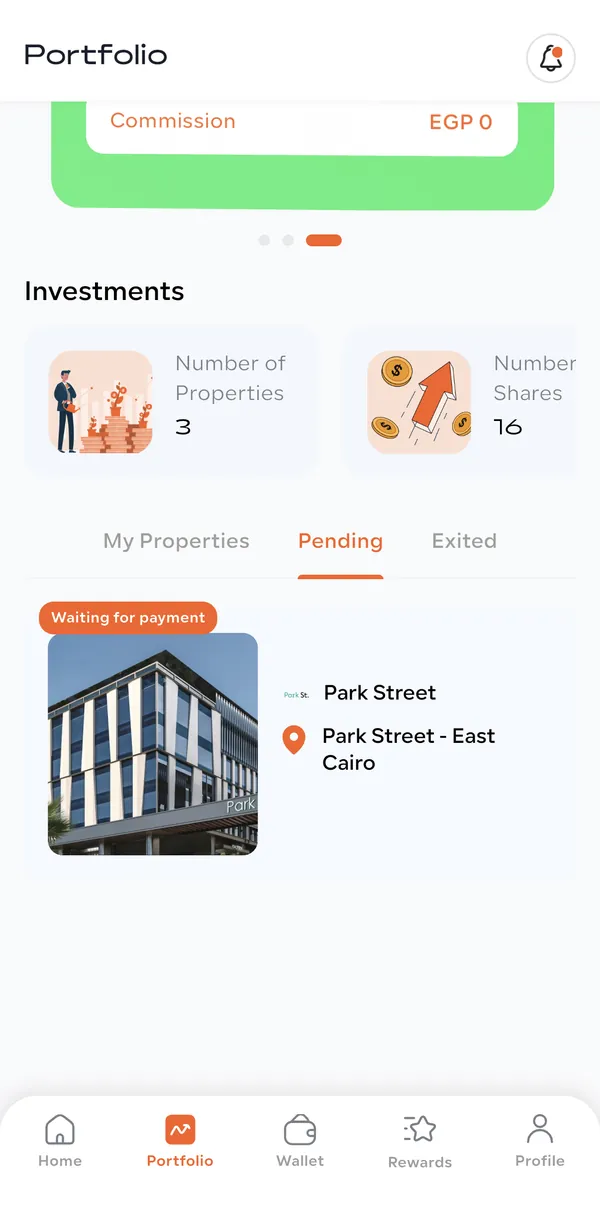 Amtaar Portfolio Pending tab showing a Park Street East order marked Waiting for payment