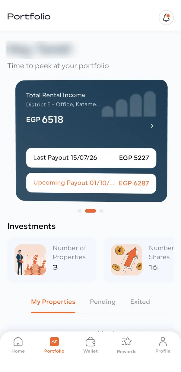 Amtaar Portfolio tab with the Total Rental Income card showing last payout and upcoming payout