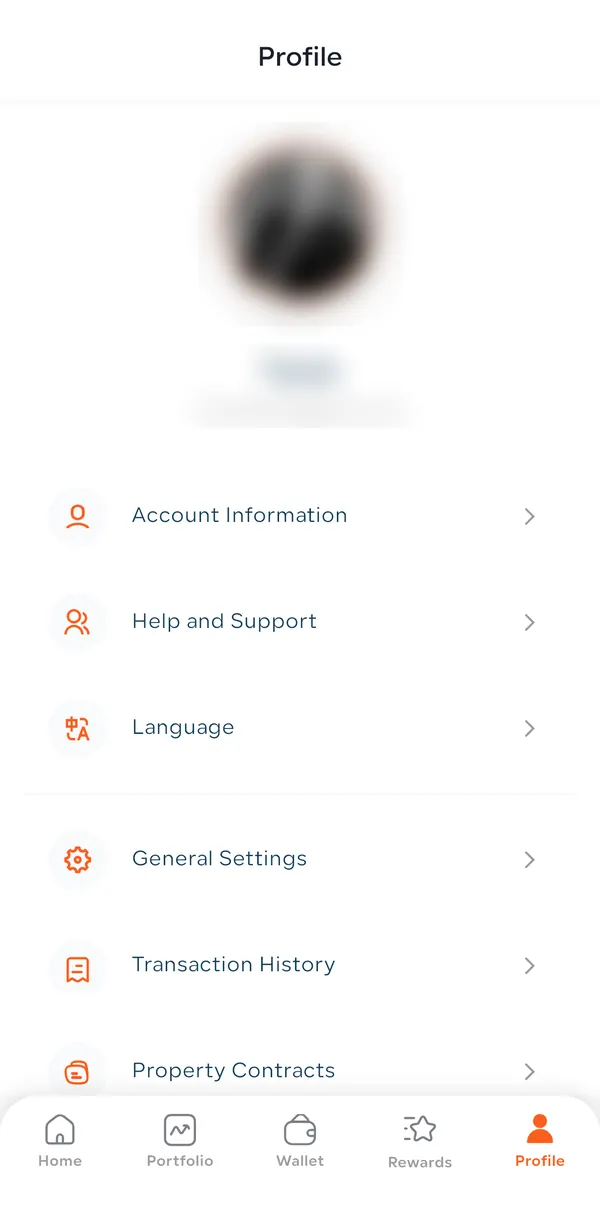 Amtaar Profile tab menu with Account Information, Help and Support, Language, General Settings, Transaction History and Property Contracts