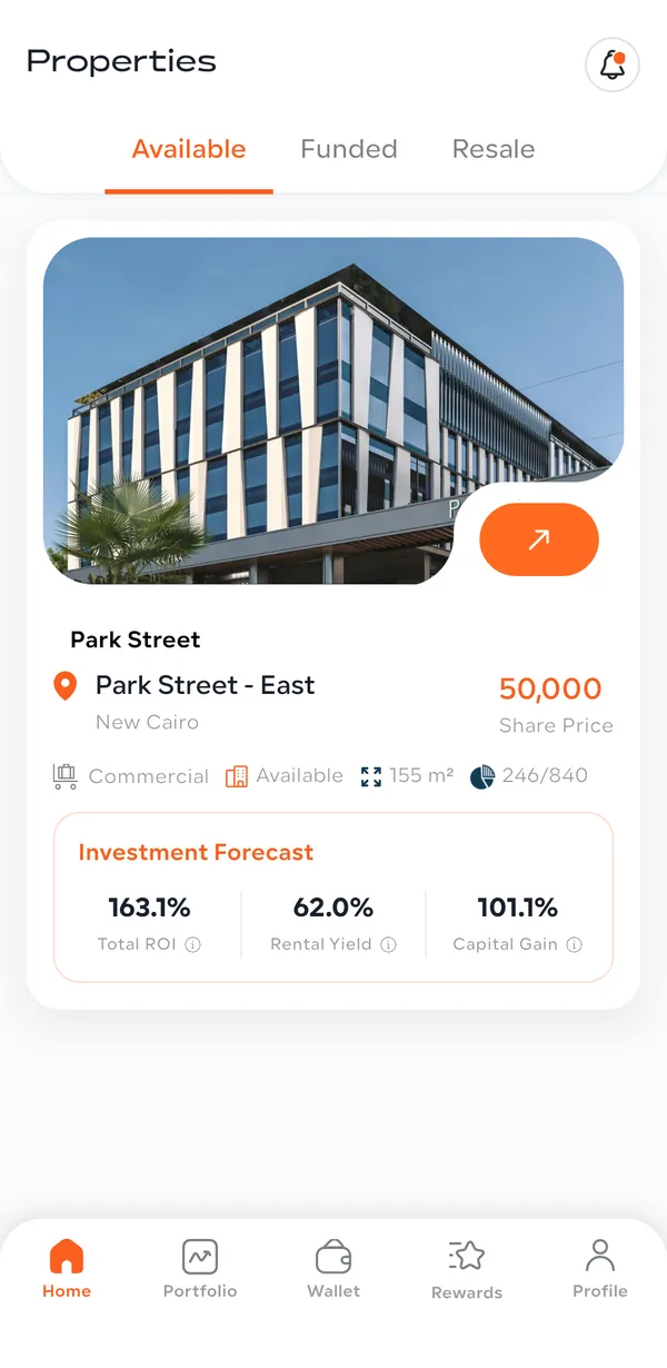 Amtaar app Home tab showing the Available properties list with share price, shares available and investment forecast