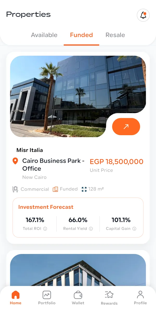 Amtaar app Funded tab showing a fully funded property with its unit price and investment forecast