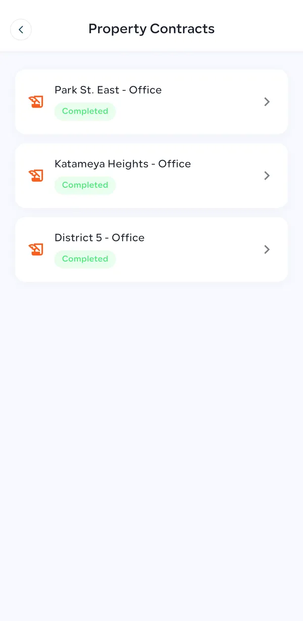 Amtaar Property Contracts screen listing three office contracts marked Completed