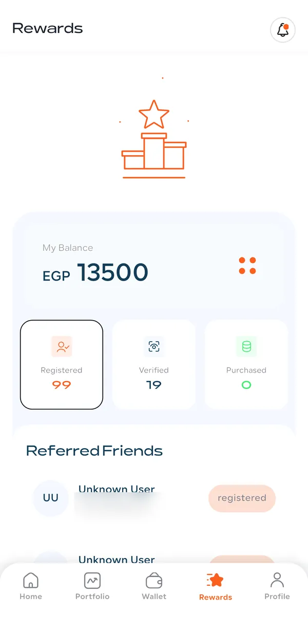 Amtaar Rewards tab with My Balance and the Registered, Verified and Purchased referral counters