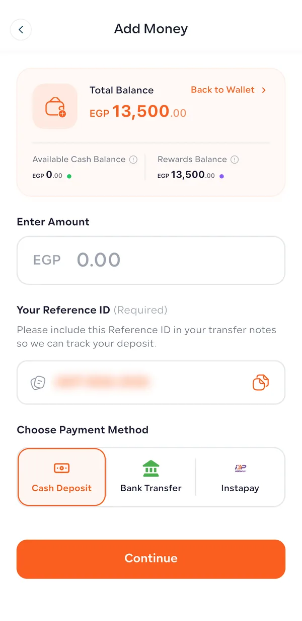 Add Money screen with an amount field, the investor’s Reference ID and the Cash Deposit, Bank Transfer and Instapay payment options