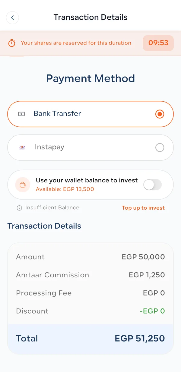 Checkout Payment Method screen with Bank Transfer, Instapay and the “Use your wallet balance to invest” toggle, plus transaction details and total